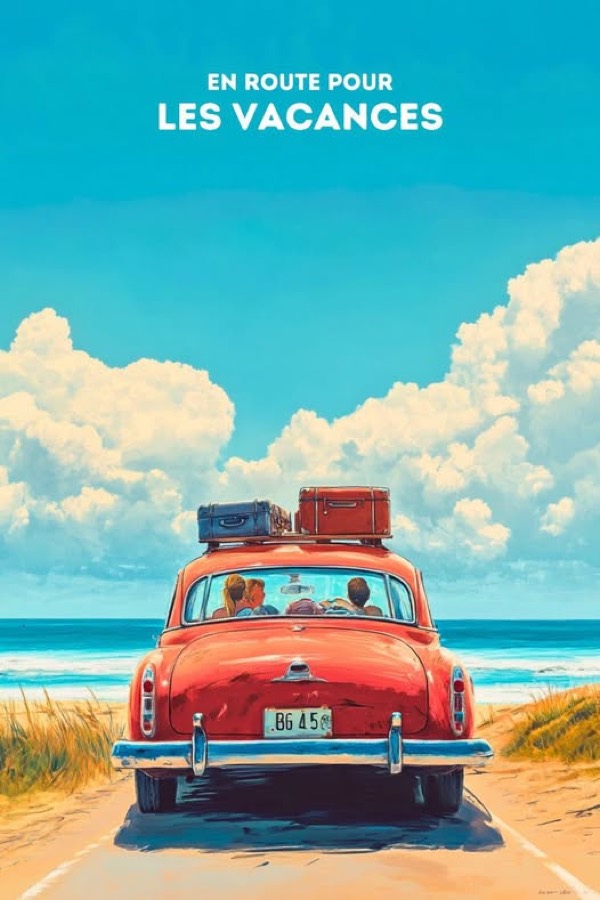 Vieille voiture chargée de valises devant la mer