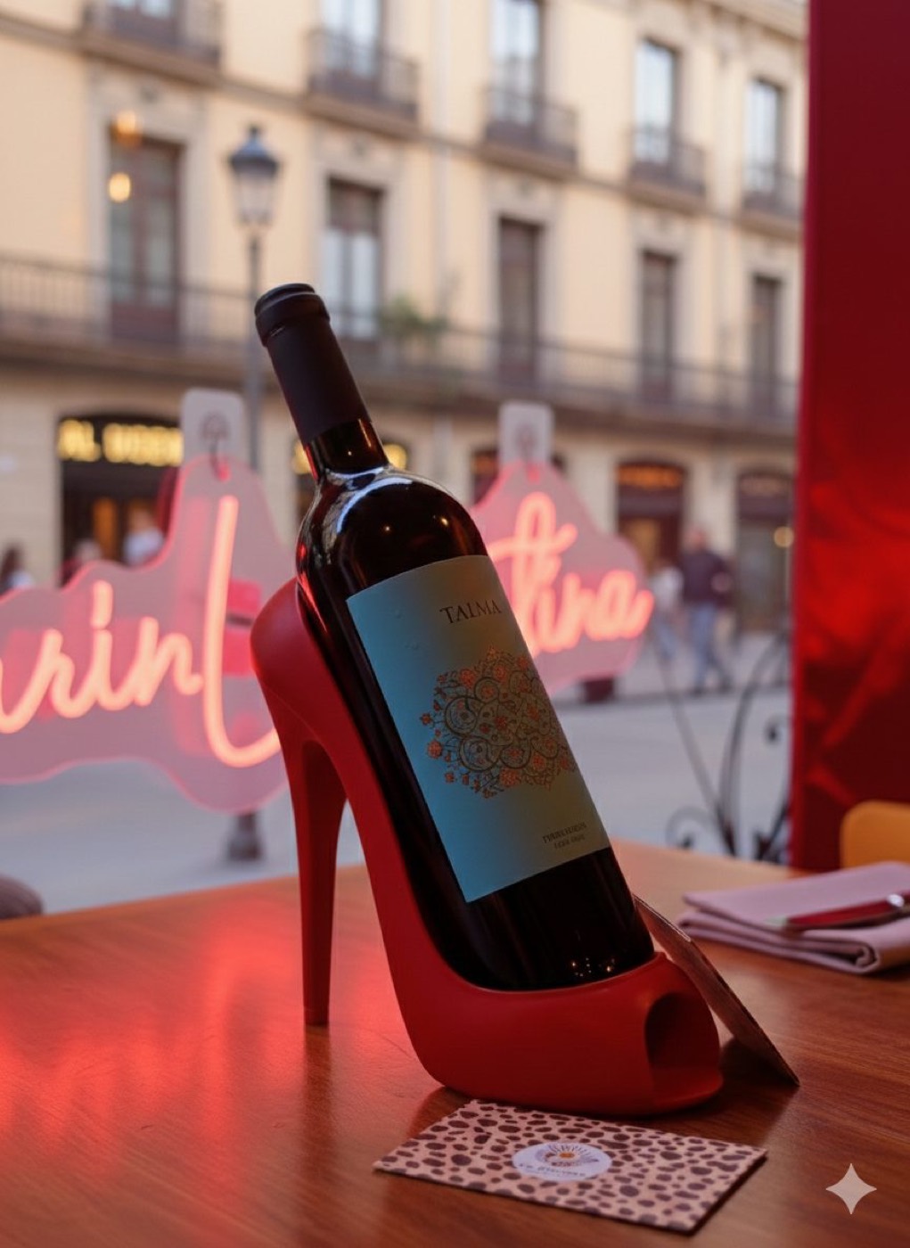 Bouteille de vin espagnol posée dans un escarpin rouge, sous le néon