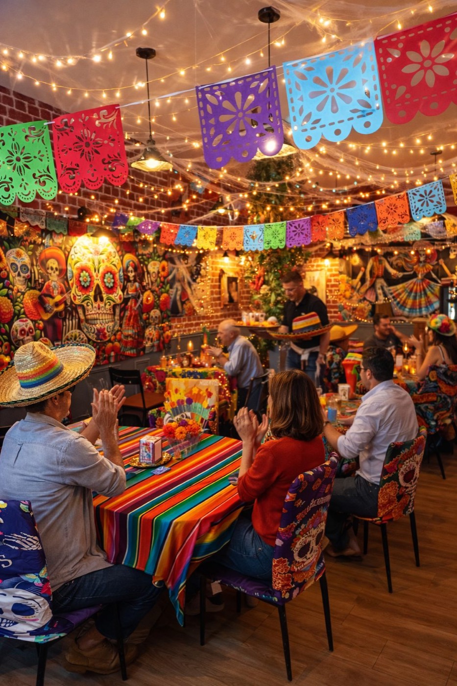 Salle comble et décorée de papel picado un soir de fête
